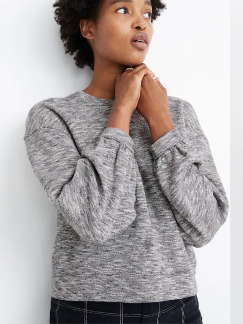 Madewell Heathered Grey Crewneck Pullover with Bubble Sleeves